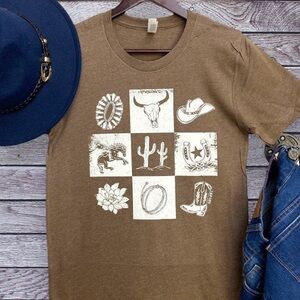 Brown Graphic T-Shirt with Western Motifs